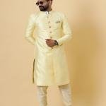 Stunning Light Yellow Banarasi Brocade Achkan for Men | Father-Son Combo | Pastel Sherwani | Grooms & Weddings | Jaipurio